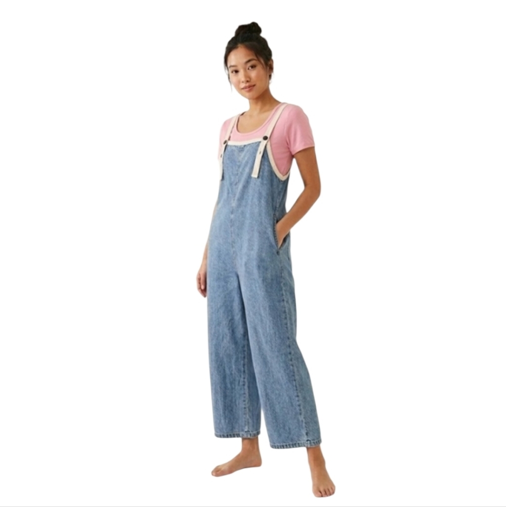 M Denim Overalls Wide Leg White Trim Lagenlook Boho